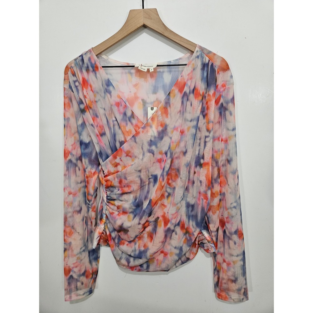 NWT Anthropologie XL Watercolor Mesh Ruched Surplice Top Long Sleeve Romantic